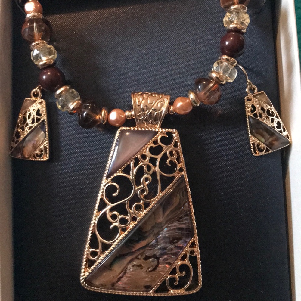 NEW brown & gold necklace w earrings